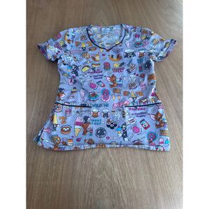 Tom and Jerry Womens Medical Scrub Top Small Cartoon Food Print V-Neck Pockets